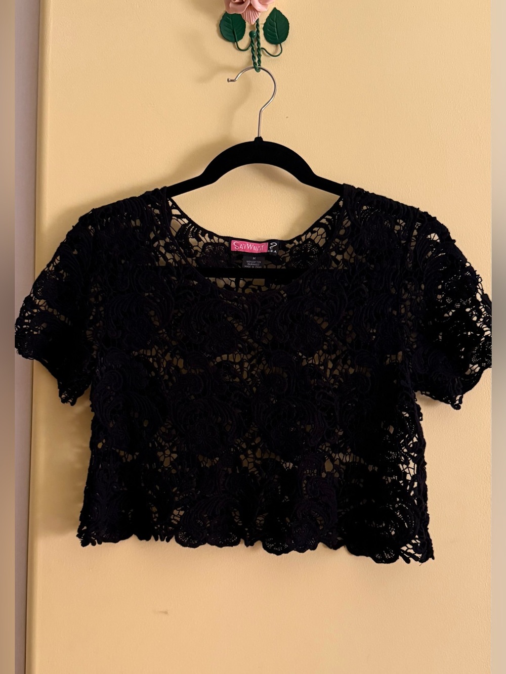 Say What? Black Floral Crochet Crop Top